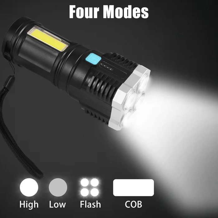Multifunctional Strong 4 LED Torch Light, Portable Rechargeable Flashlight Long Distance Beam Range 800 Lumens COB Light 4 Mode Emergency for Hiking, Walking, Camping (4 LED Torch) - Image 5