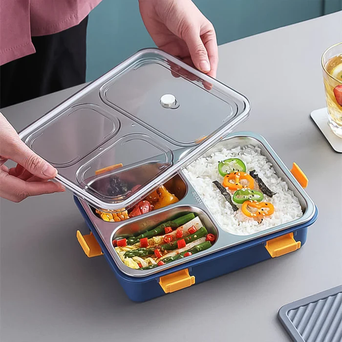 3 Compartment Transparent Stainless Steel Lunch Box with a Spoon and a Pair of Chopsticks (1 Set) - Image 6