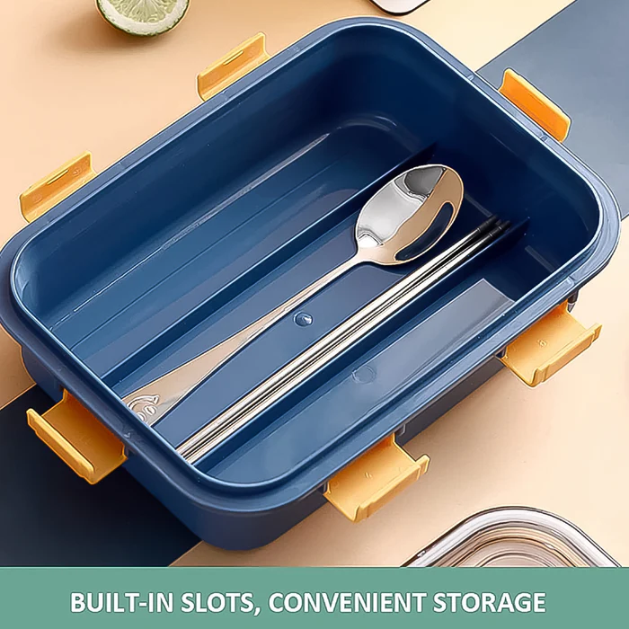 3 Compartment Transparent Stainless Steel Lunch Box with a Spoon and a Pair of Chopsticks (1 Set) - Image 5