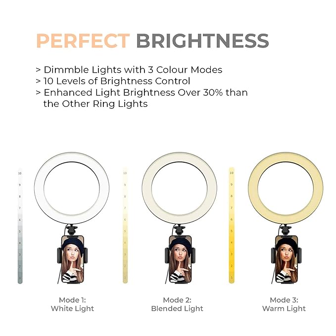10-inch Ring Light with Tripod Stand | 3 Color Modes | 10 Brightness Settings | 360° Rotation | Suitable for Mobile Phones & Camera, YouTube, Photoshoot, Videography and More - Image 4